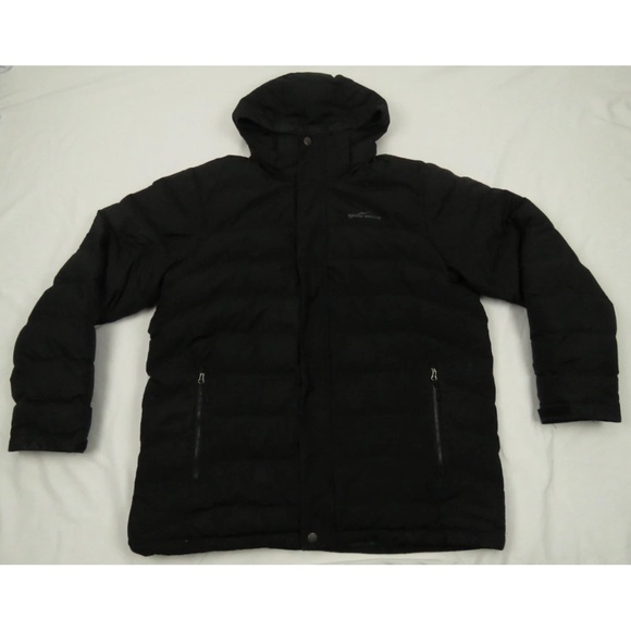 Eddie Bauer Goose Down Quilted Black Mens Hooded Full Zip Puffer Coat Jacket XL